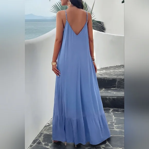 Oversized Pocket Casual Sleeveless V-Neck Low Back Long Summer Maxi Dress Blue - Picture 12 of 16